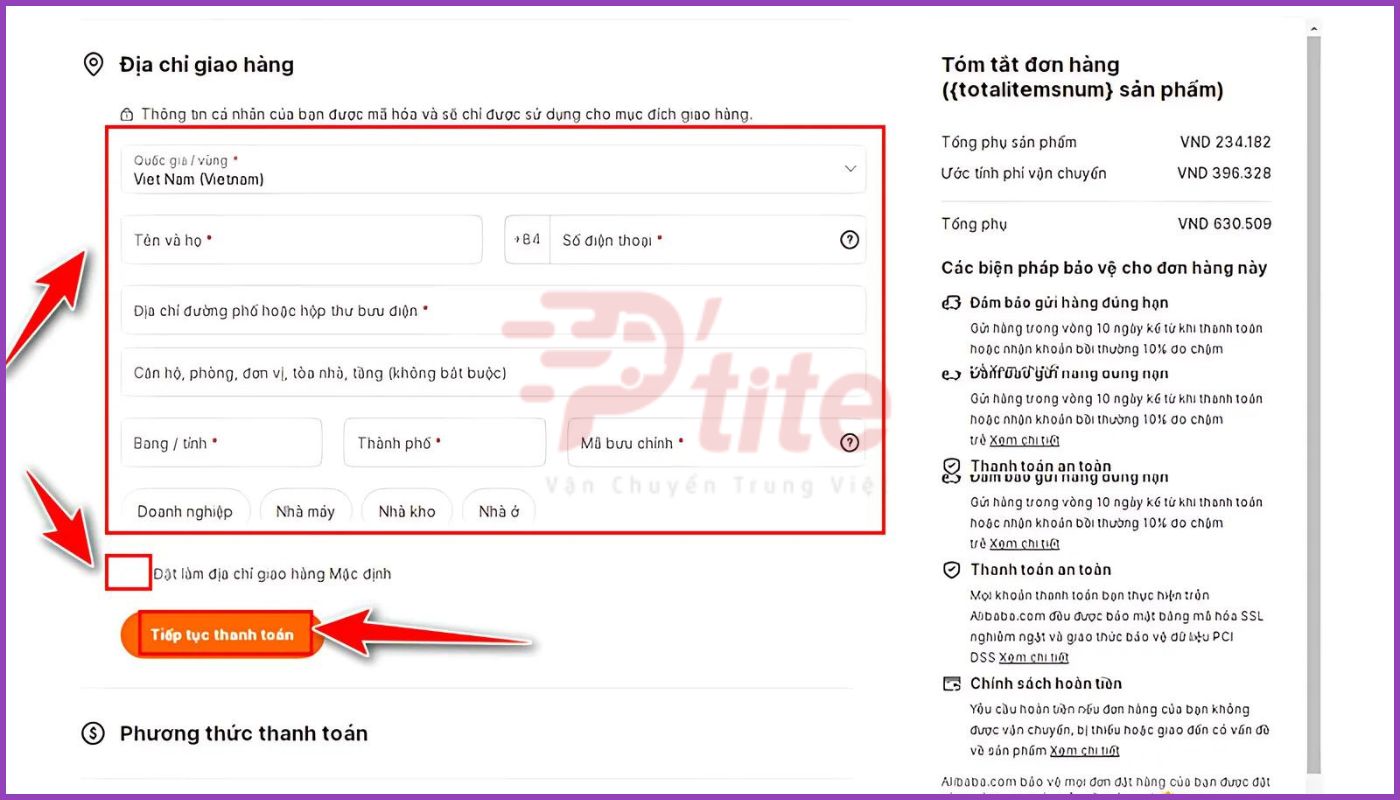 Điền thông tin thanh toán khi mua hàng Alibaba