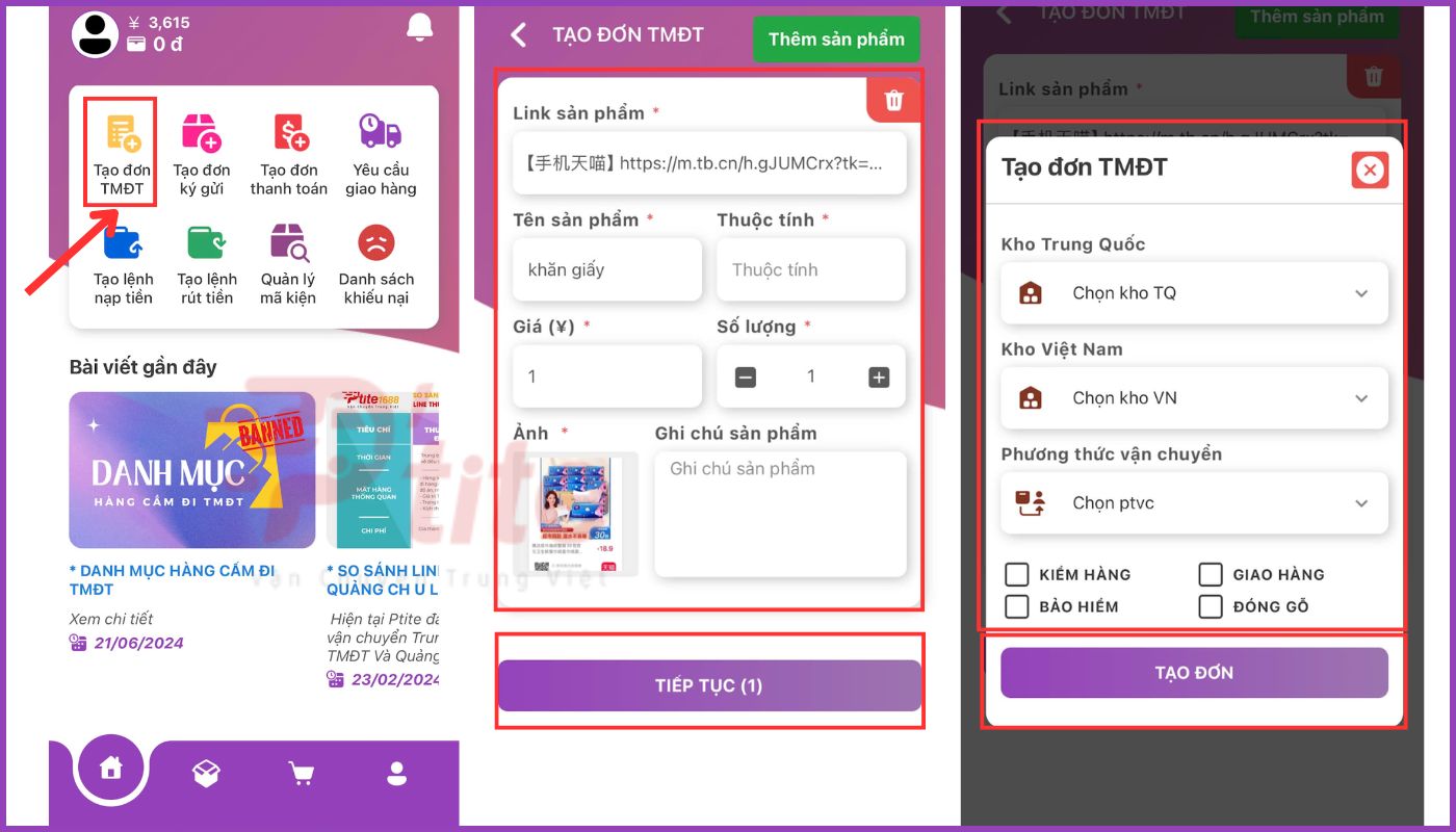 Tạo đơn mua hàng hộ Tmall trên App Ptite