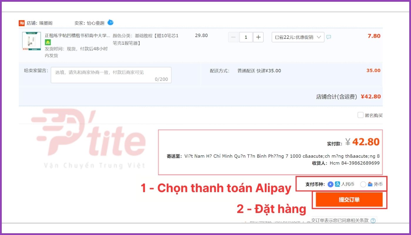 Thực hiện thanh toán hộ Alipay